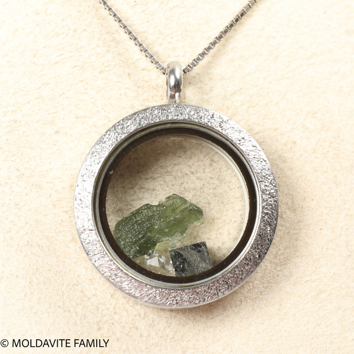 LOCKET PENDANT - BRUSHED METAL - RAW MOLDAVITE/HERKIMER DIAMOND/PYRITE (MSP0268I001)