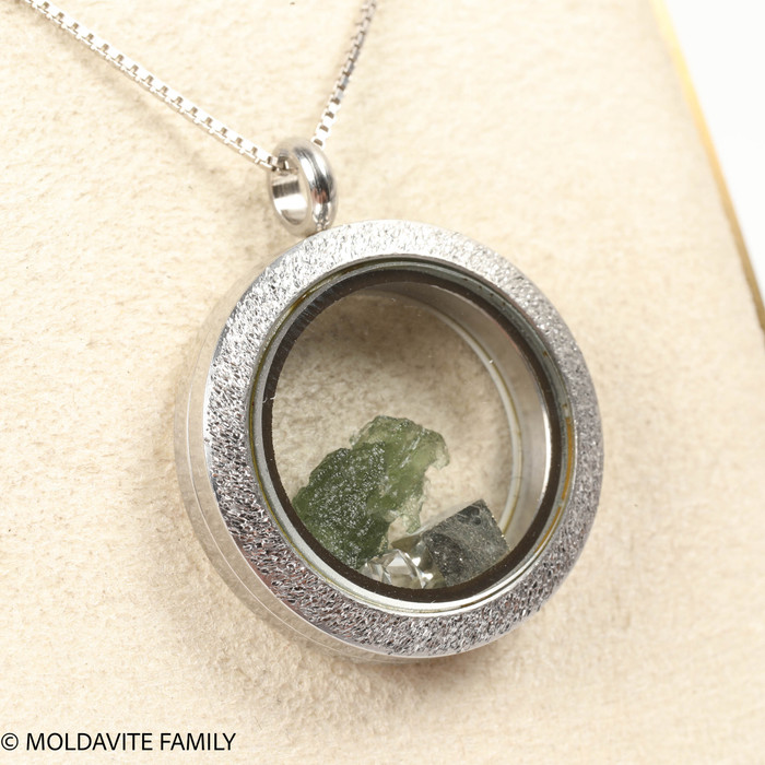 LOCKET PENDANT - BRUSHED METAL - RAW MOLDAVITE/HERKIMER DIAMOND/PYRITE (MSP0268I001)