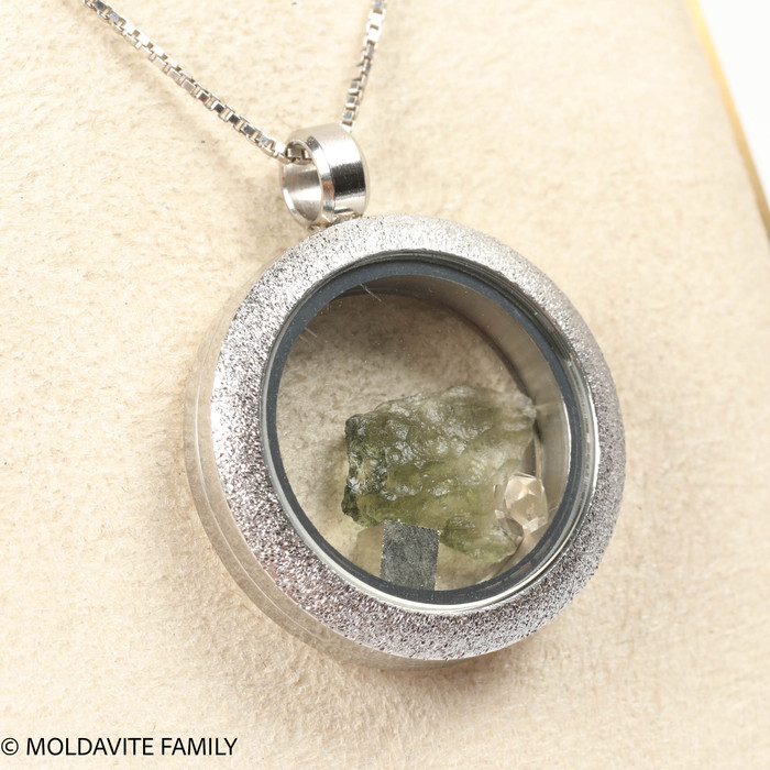 LOCKET PENDANT - BRUSHED METAL - RAW MOLDAVITE/HERKIMER DIAMOND/PYRITE (MSP0268I002)