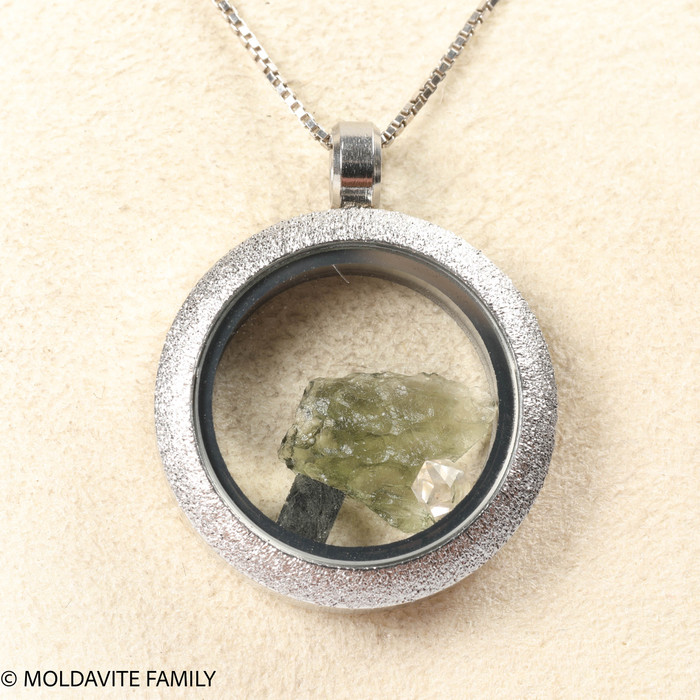 LOCKET PENDANT - BRUSHED METAL - RAW MOLDAVITE/HERKIMER DIAMOND/PYRITE (MSP0268I002)