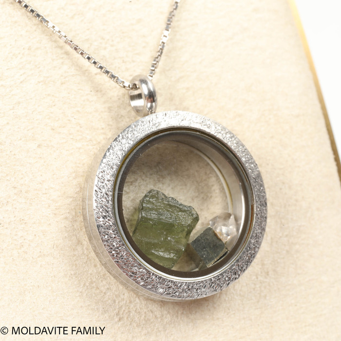 LOCKET PENDANT - BRUSHED METAL - RAW MOLDAVITE/HERKIMER DIAMOND/PYRITE (MSP0268I003)