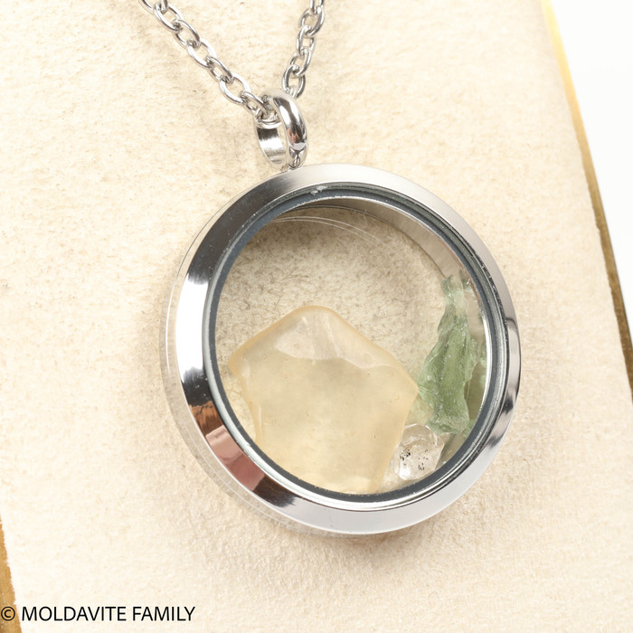 LOCKET PENDANT - POLISHED METAL - RAW MOLDAVITE/HERKIMER/LIBYAN (MSP0269I001)