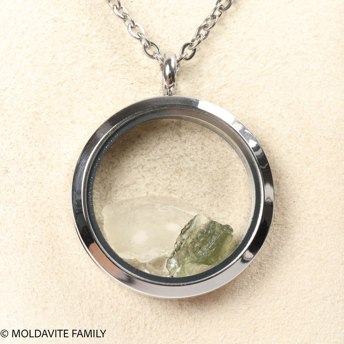 LOCKET PENDANT - POLISHED METAL - RAW MOLDAVITE/HERKIMER/LIBYAN (MSP0269I002)