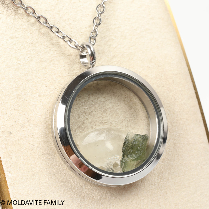 LOCKET PENDANT - POLISHED METAL - RAW MOLDAVITE/HERKIMER/LIBYAN (MSP0269I002)
