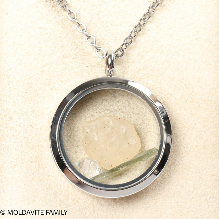 LOCKET PENDANT - POLISHED METAL - RAW MOLDAVITE/HERKIMER/LIBYAN (MSP0269I003)