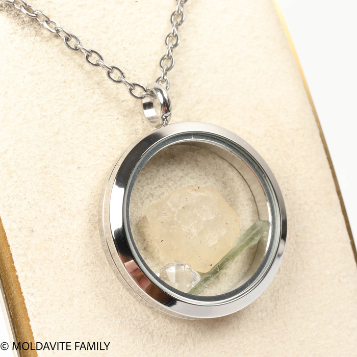 LOCKET PENDANT - POLISHED METAL - RAW MOLDAVITE/HERKIMER/LIBYAN (MSP0269I003)