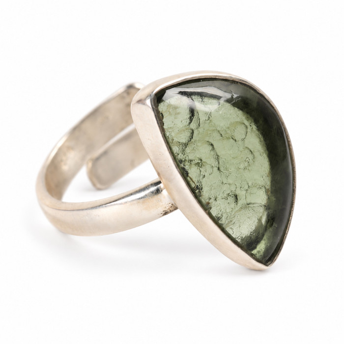 STERLING SILVER RING - MOLDAVITE CABOCHON - SIZE 8 (MSR181I051)