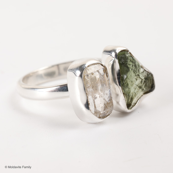 RING - RAW MOLDAVITE & HERKIMER DIAMOND - SIZE 5.5 (MSR169I066)