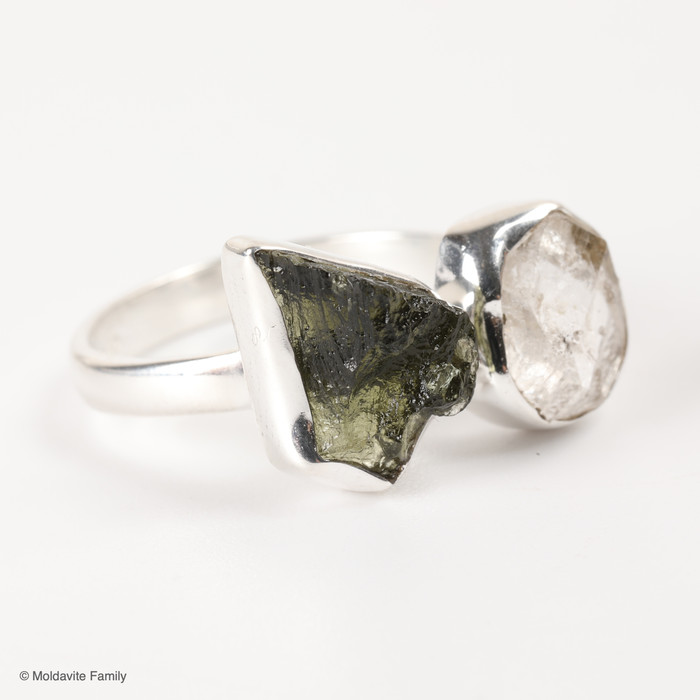 RING - RAW MOLDAVITE & HERKIMER DIAMOND - SIZE 7.5 (MSR169I082)