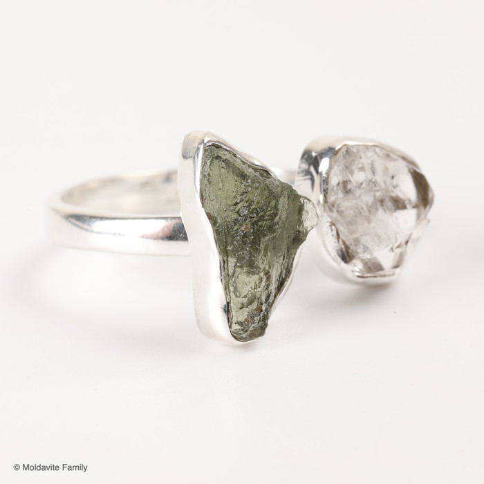 RING - RAW MOLDAVITE & HERKIMER DIAMOND - SIZE 7.5 (MSR169I083)
