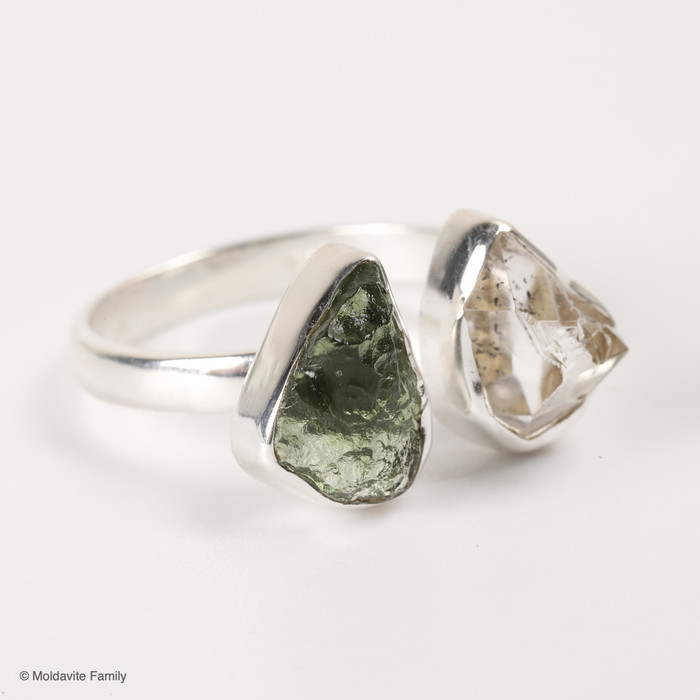 RING - RAW MOLDAVITE & HERKIMER DIAMOND - SIZE 8 (MSR169I086)