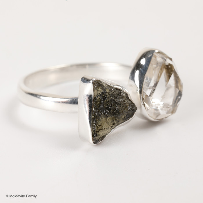 RING - RAW MOLDAVITE & HERKIMER DIAMOND - SIZE 8.5 (MSR169I089)
