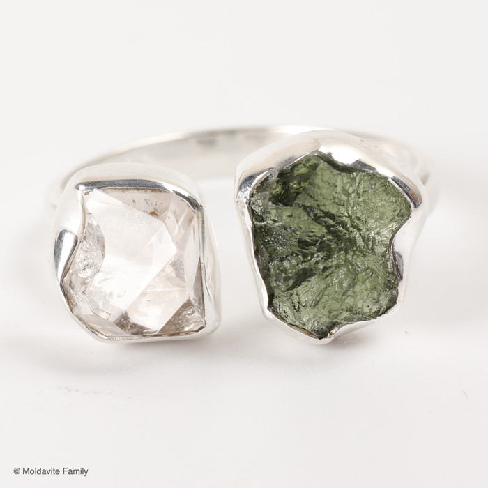 RING - RAW MOLDAVITE & HERKIMER DIAMOND - SIZE 9 (MSR169I091)