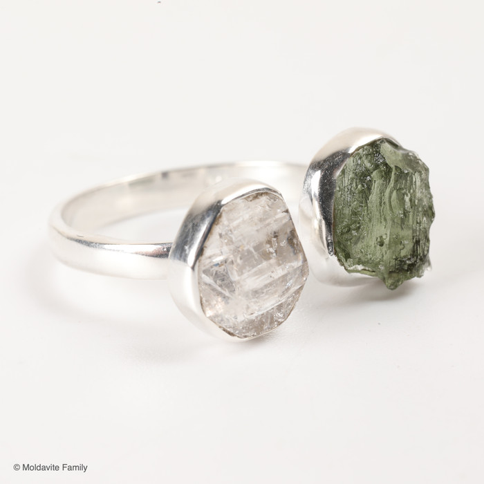 RING - RAW MOLDAVITE & HERKIMER DIAMOND - SIZE 9 (MSR169I092)