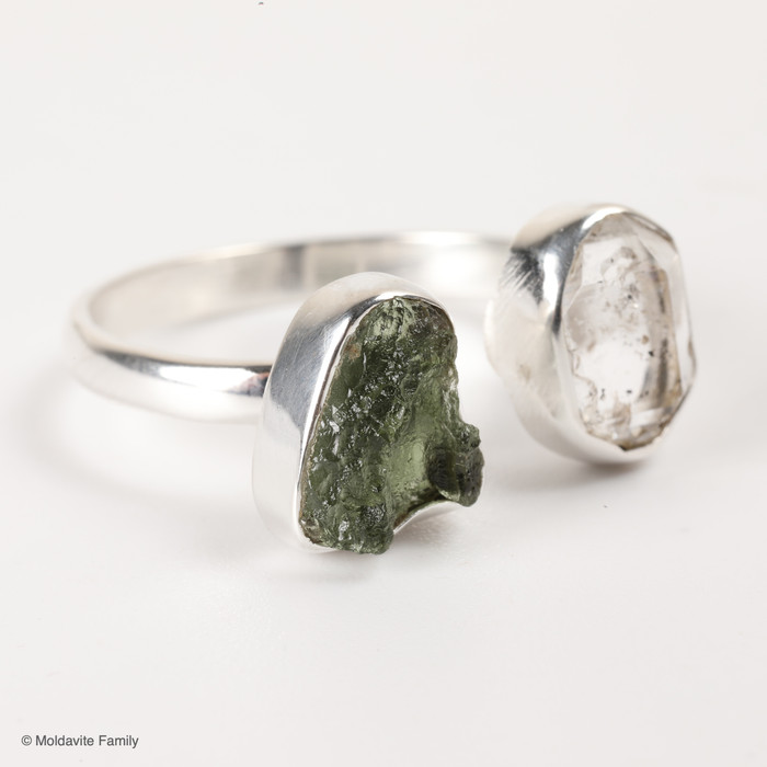 RING - RAW MOLDAVITE & HERKIMER DIAMOND - SIZE 10 (MSR169I093)