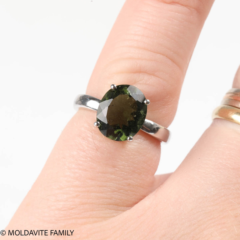 Moldavite faceted Polished Oval Ring Size 8.5