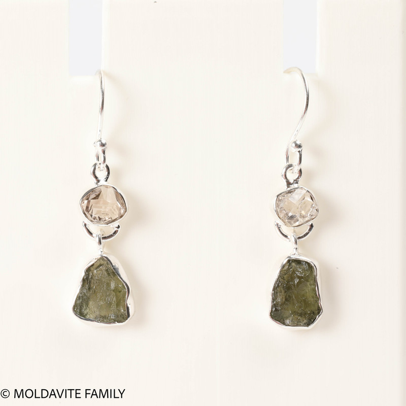 STERLING SILVER EARRINGS WITH RAW MOLDAVITE AND HERKIMER DIAMOND (MSE0070I004)