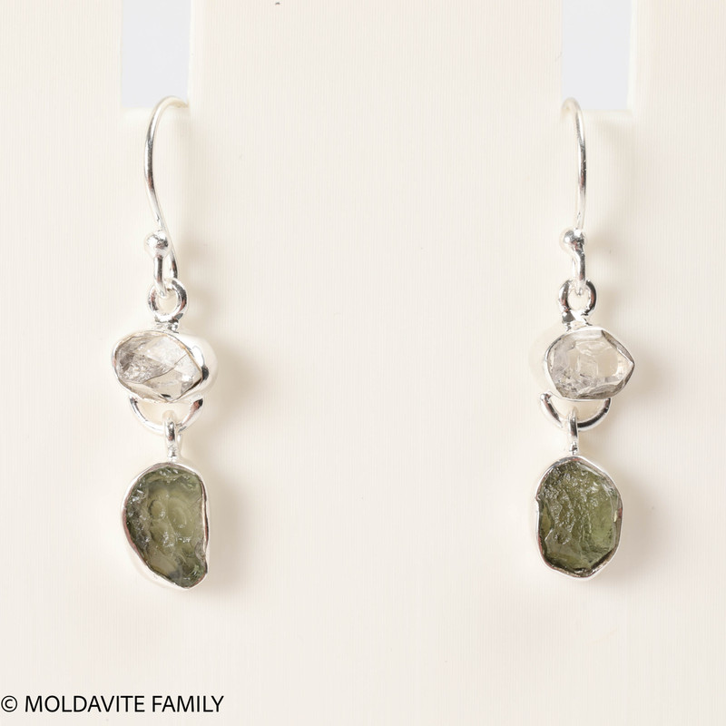 STERLING SILVER EARRINGS WITH RAW MOLDAVITE AND HERKIMER DIAMOND (MSE0070I005)