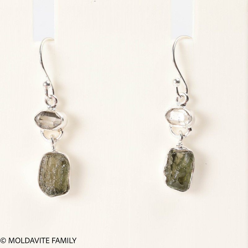 STERLING SILVER EARRINGS WITH RAW MOLDAVITE AND HERKIMER DIAMOND (MSE0070I015)