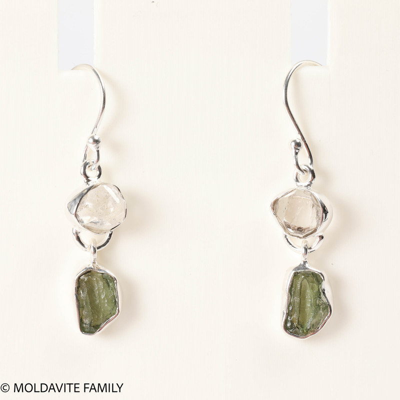 STERLING SILVER EARRINGS WITH RAW MOLDAVITE AND HERKIMER DIAMOND (MSE0070I018)