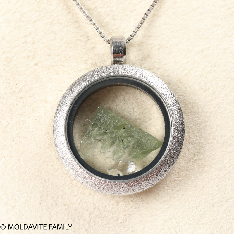 LOCKET PENDANT - BRUSHED METAL - RAW MOLDAVITE/HERKIMER DIAMOND (MSP0246I002)