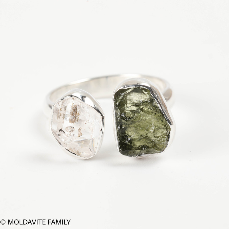 RING - RAW MOLDAVITE & HERKIMER DIAMOND - SIZE 6.5 (MSR169I053)
