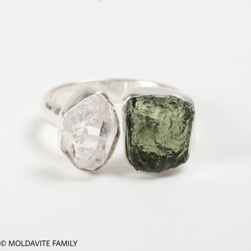 RING - RAW MOLDAVITE & HERKIMER DIAMOND - SIZE 6.5 (MSR169I056)