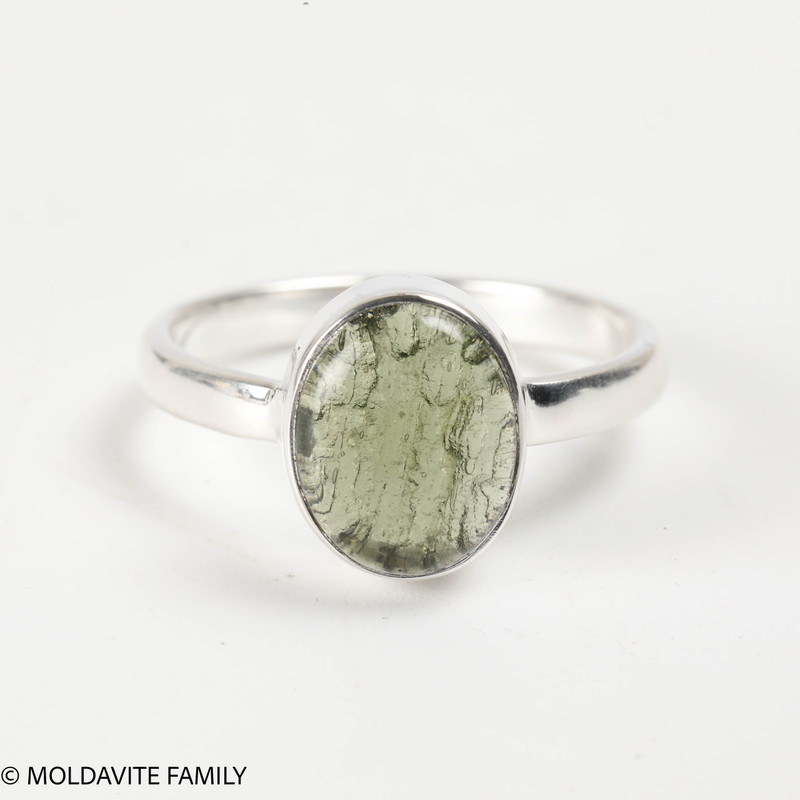 STERLING SILVER RING - MOLDAVITE CABOCHON - SIZE 7 (MSR181I034)
