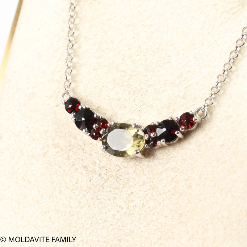 Sterling Silver Necklace With Moldavite & Czech Garnet (MNCK058)