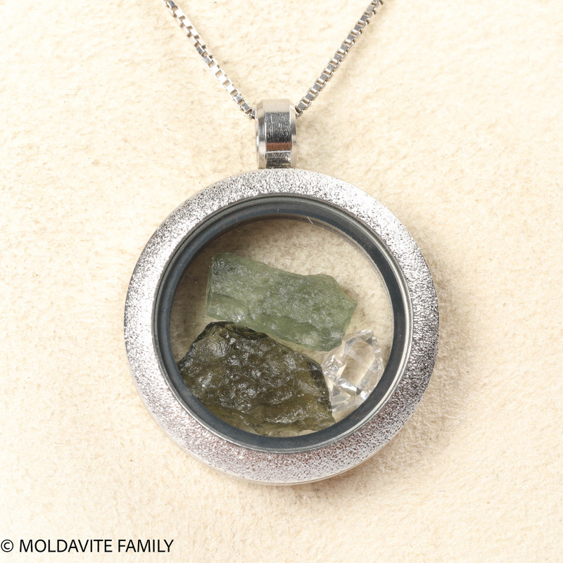 LOCKET PENDANT - BRUSHED METAL - RAW MOLDAVITE/HERKIMER DIAMOND (MSP0246I009)
