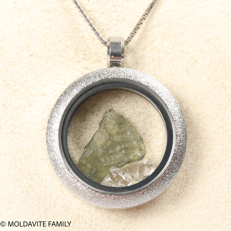 LOCKET PENDANT - BRUSHED METAL - RAW MOLDAVITE/HERKIMER DIAMOND (MSP0246I010)