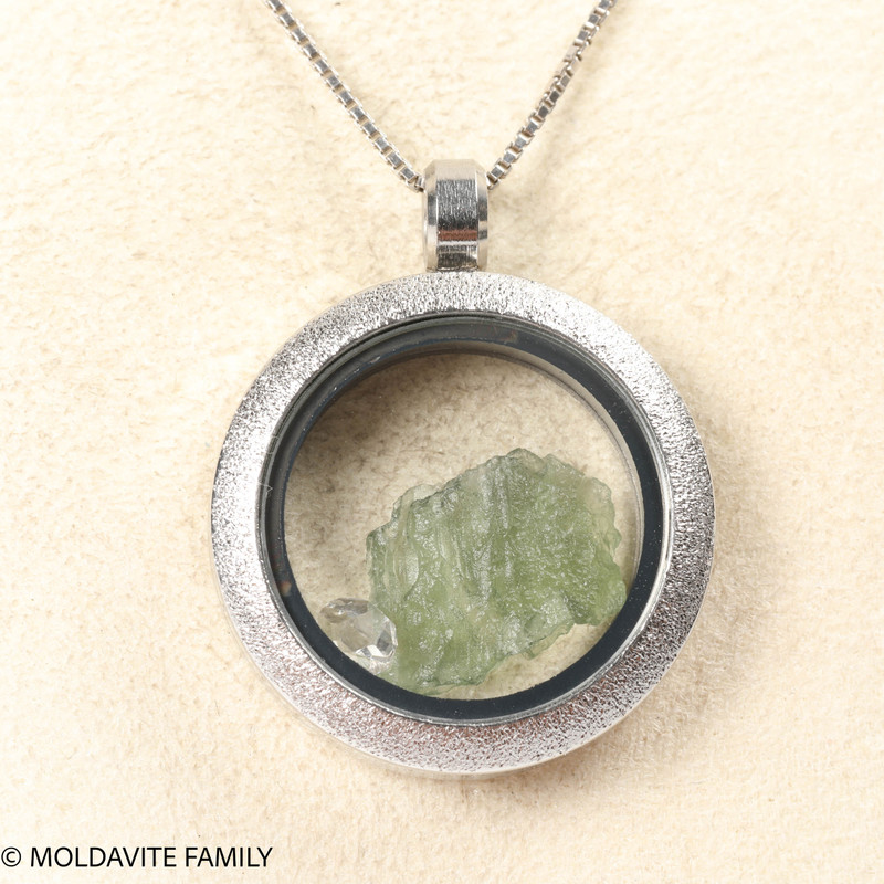LOCKET PENDANT - BRUSHED METAL - RAW MOLDAVITE/HERKIMER DIAMOND (MSP0246I012)