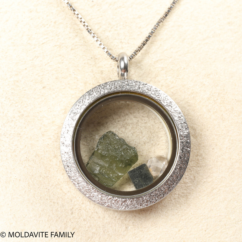 LOCKET PENDANT - BRUSHED METAL - RAW MOLDAVITE/HERKIMER DIAMOND/PYRITE (MSP0268I003)