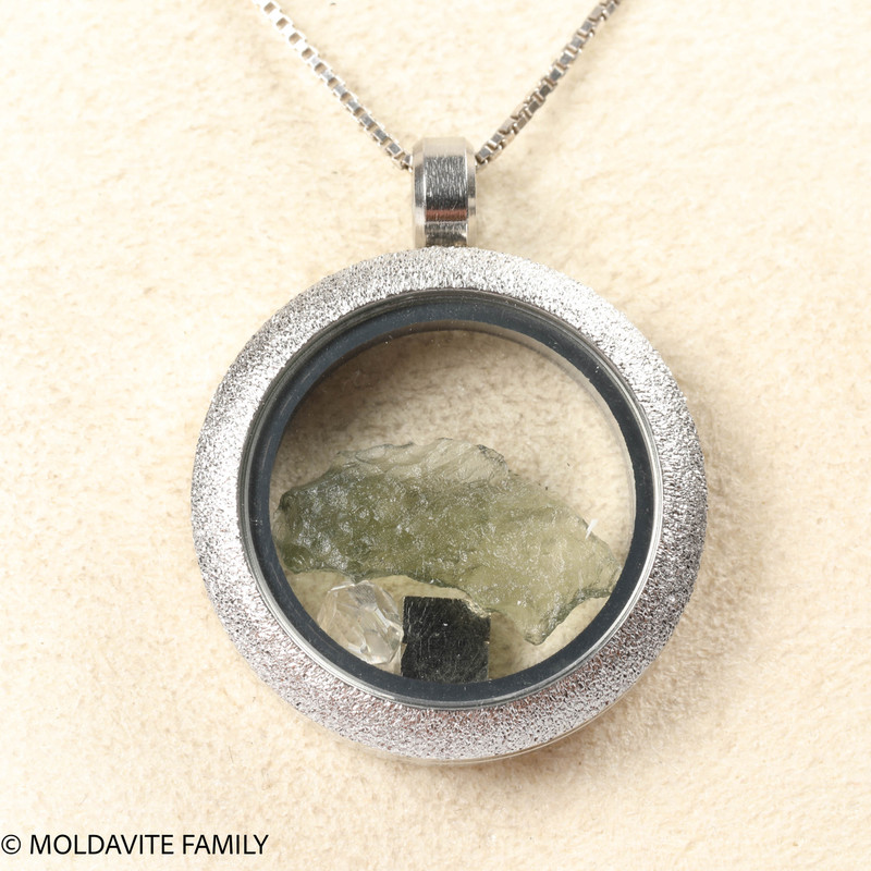 LOCKET PENDANT - BRUSHED METAL - RAW MOLDAVITE/HERKIMER DIAMOND/PYRITE (MSP0268I004)