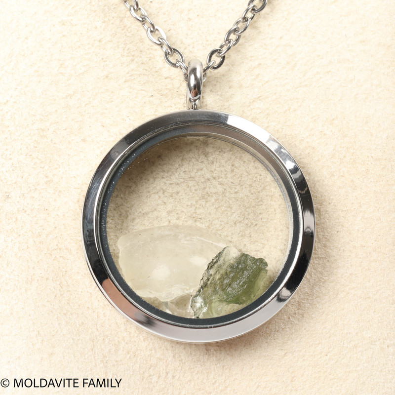 LOCKET PENDANT - POLISHED METAL - RAW MOLDAVITE/HERKIMER/LIBYAN (MSP0269I002)