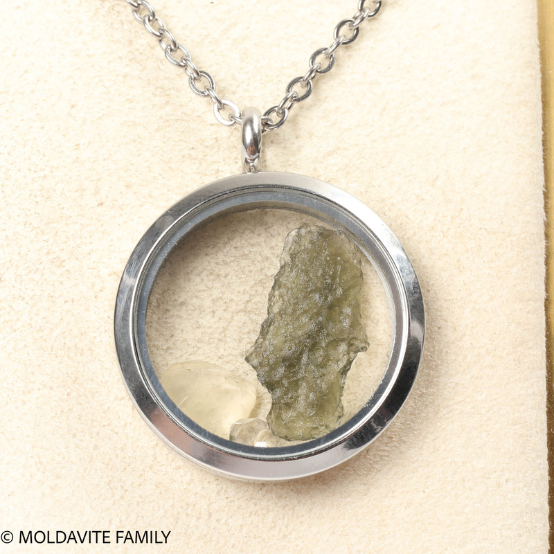LOCKET PENDANT - POLISHED METAL - RAW MOLDAVITE/HERKIMER/LIBYAN (MSP0269I004)