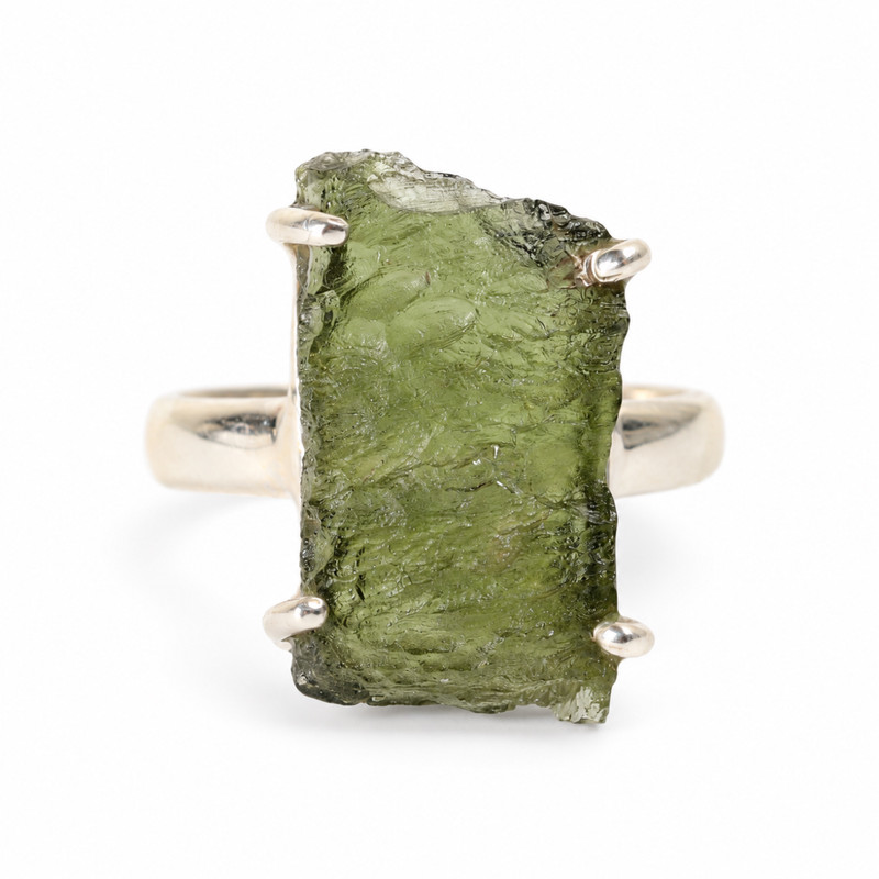 STERLING SILVER RING - RAW MOLDAVITE - SIZE 7.5 (MSR150I070)