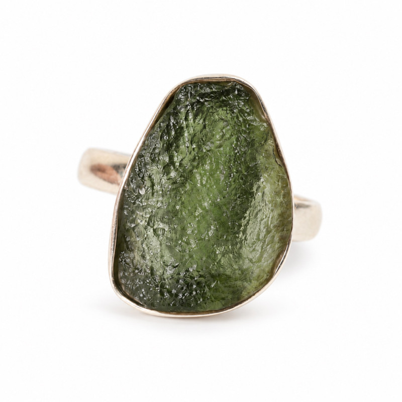 STERLING SILVER RING - RAW MOLDAVITE - SIZE 7.5 (MSR148I085)