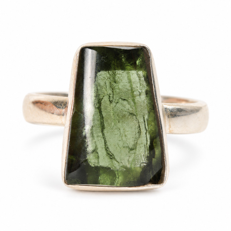 STERLING SILVER RING - MOLDAVITE CABOCHON - SIZE 7.5 (MSR181I049)