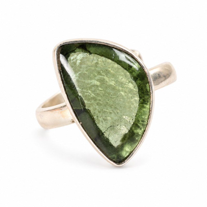 STERLING SILVER RING - MOLDAVITE CABOCHON - SIZE 8 (MSR181I051)