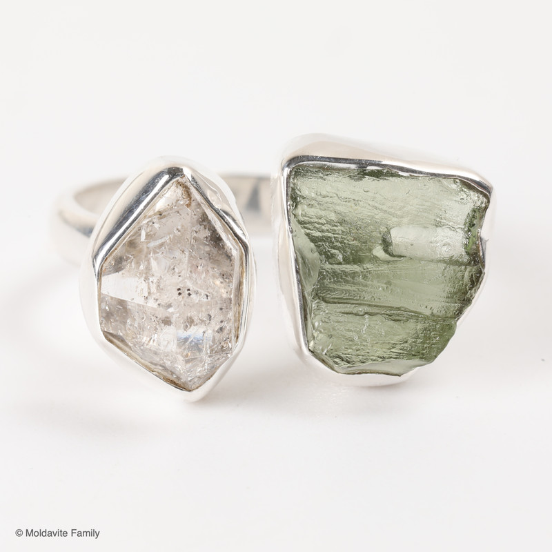 RING - RAW MOLDAVITE & HERKIMER DIAMOND - SIZE 5.5 (MSR169I067)