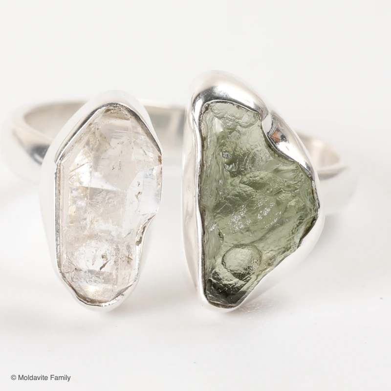 RING - RAW MOLDAVITE & HERKIMER DIAMOND - SIZE 6 (MSR169I068)
