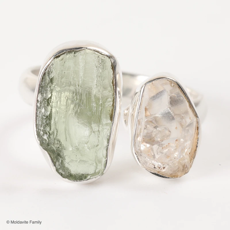 RING - RAW MOLDAVITE & HERKIMER DIAMOND - SIZE 6 (MSR169I069)