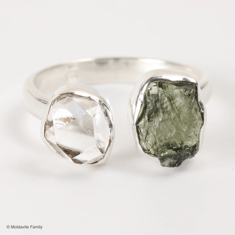 RING - RAW MOLDAVITE & HERKIMER DIAMOND - SIZE 7 (MSR169I073)