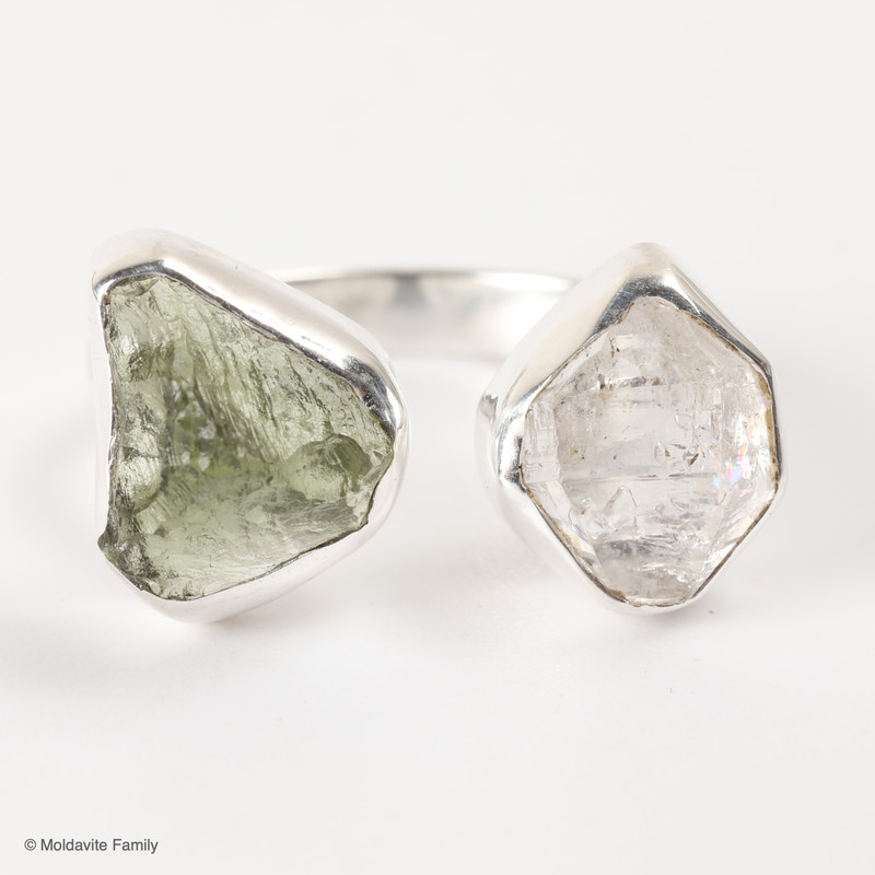RING - RAW MOLDAVITE & HERKIMER DIAMOND - SIZE 7 (MSR169I075)