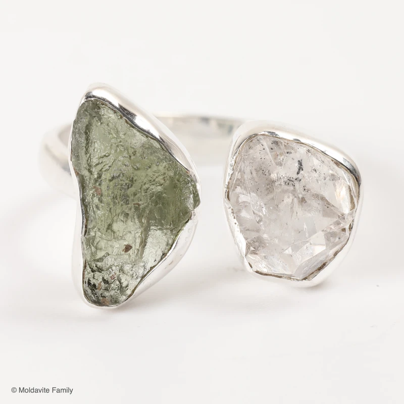 RING - RAW MOLDAVITE & HERKIMER DIAMOND - SIZE 7.5 (MSR169I083)
