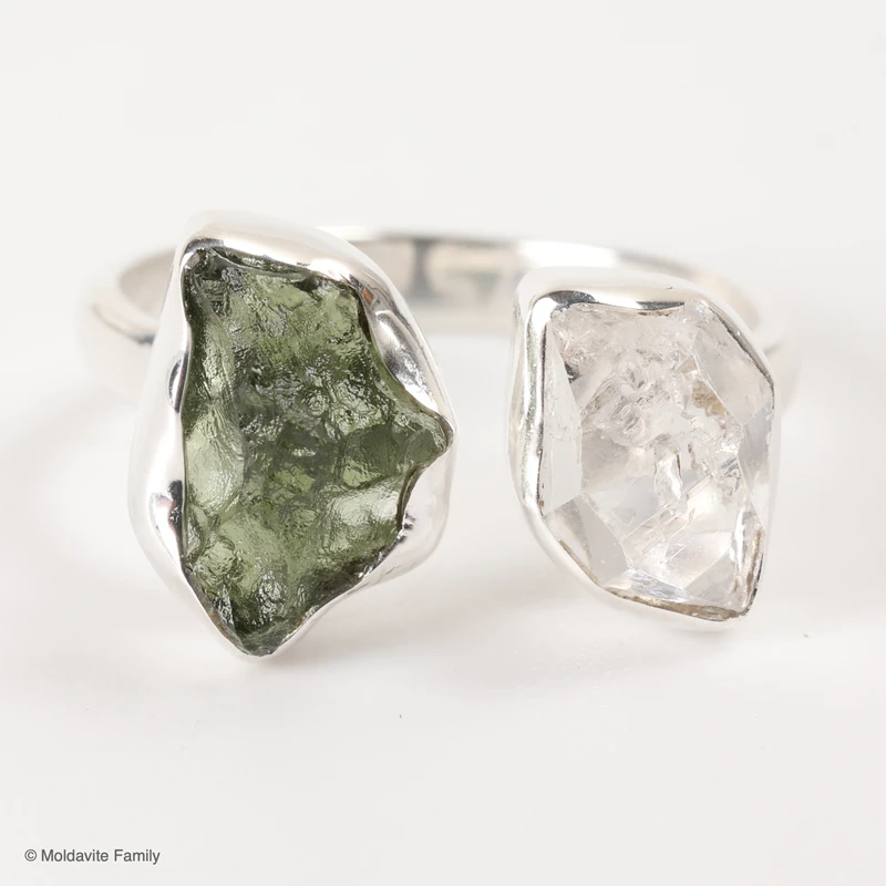 RING - RAW MOLDAVITE & HERKIMER DIAMOND - SIZE 8 (MSR169I087)