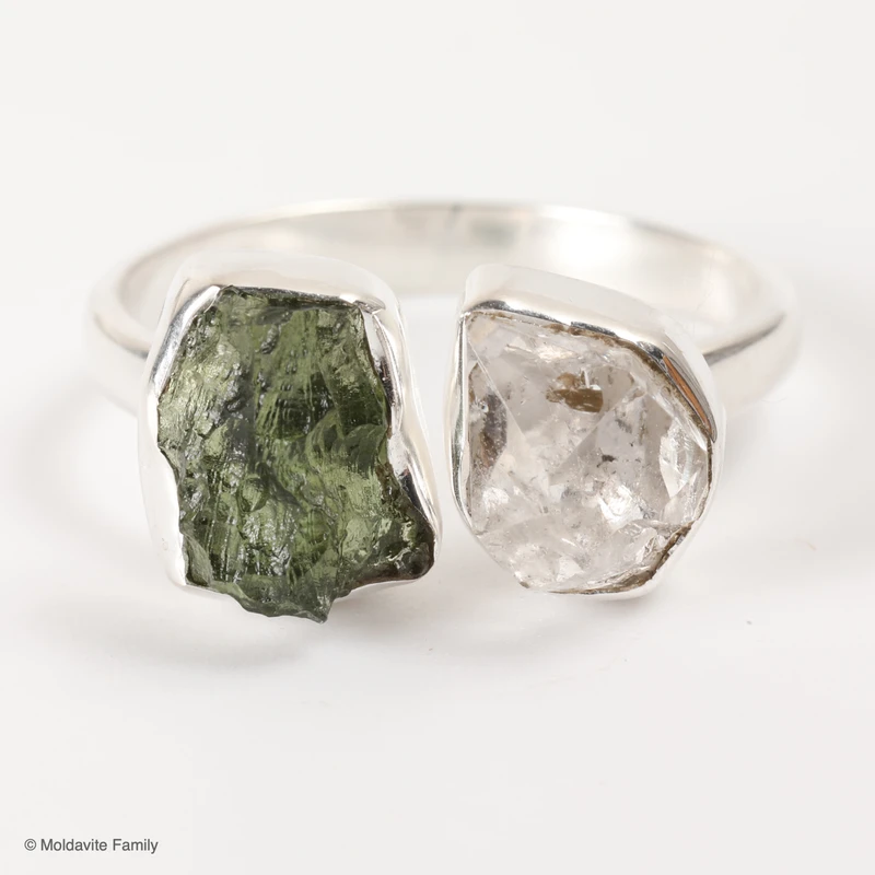RING - RAW MOLDAVITE & HERKIMER DIAMOND - SIZE 8.5 (MSR169I088)