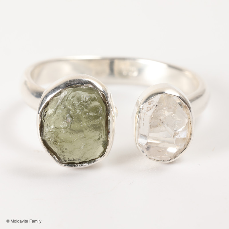 RING - RAW MOLDAVITE & HERKIMER DIAMOND - SIZE 10.5 (MSR169I094)