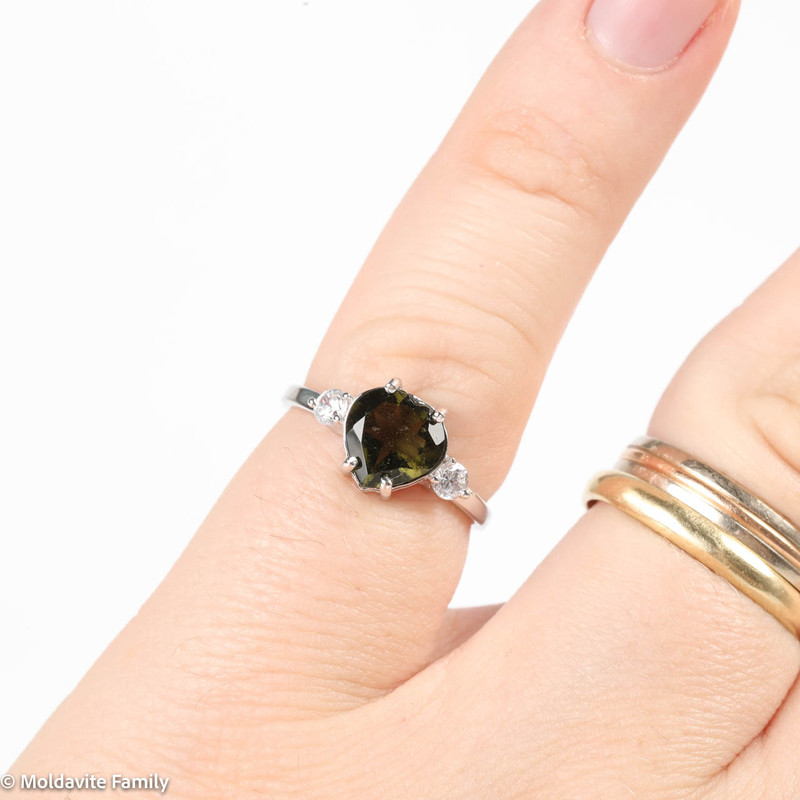 Moldavite faceted Polished Oval Ring Size 8.5